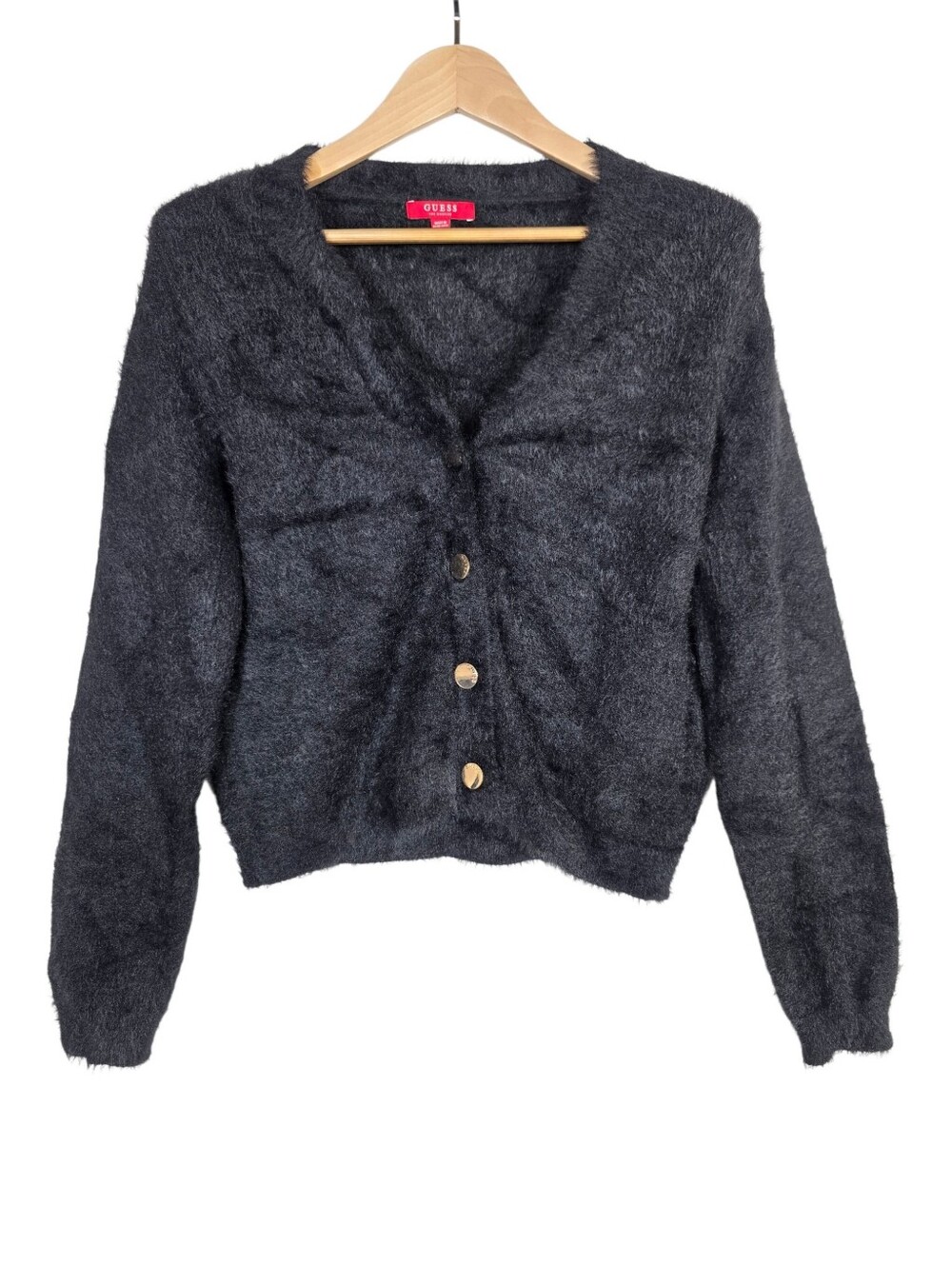 Guess fuzzy black V-neck cardigan